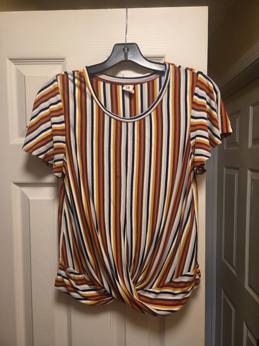 4 for $10, Flawless Striped Twist-Hem Short Sleeve Tee in White, Mustard & Rust